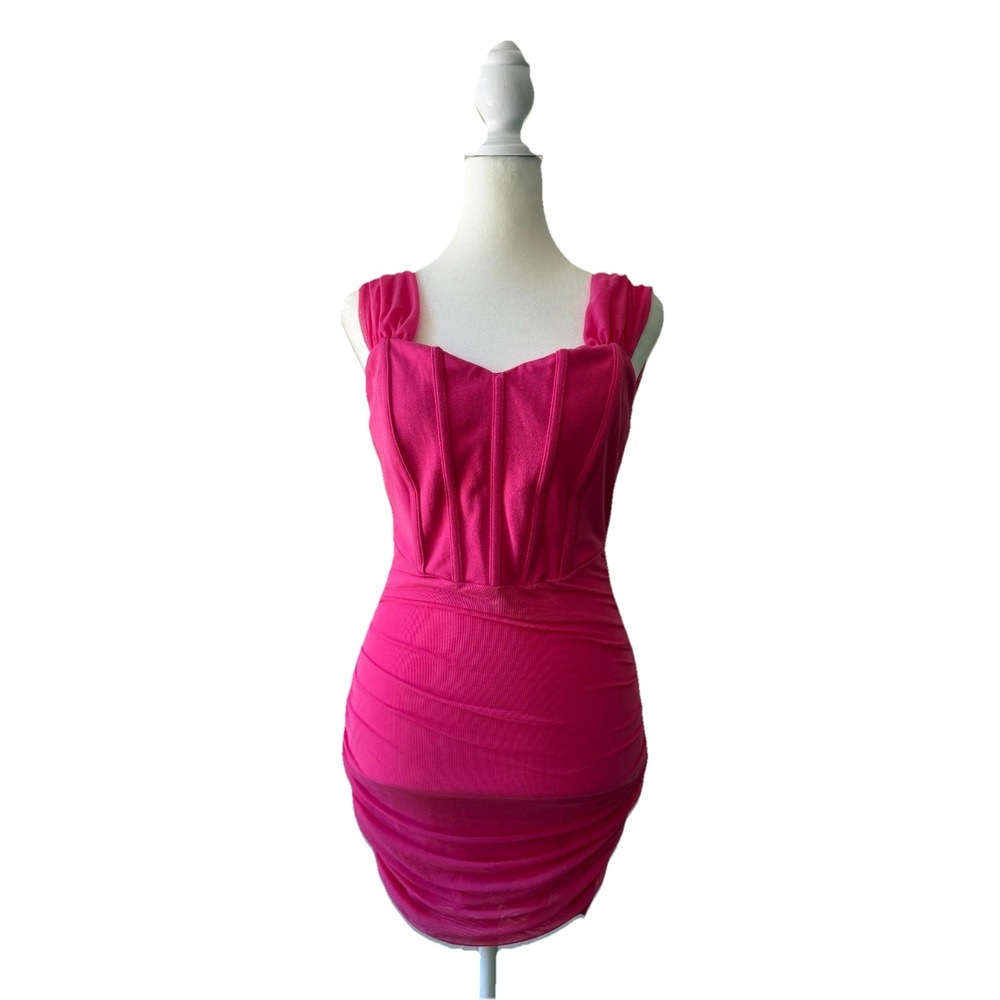 Privy Bodycon Mini Dress Women M Pink Corset Ruched Mesh Cocktail Party Clubwear